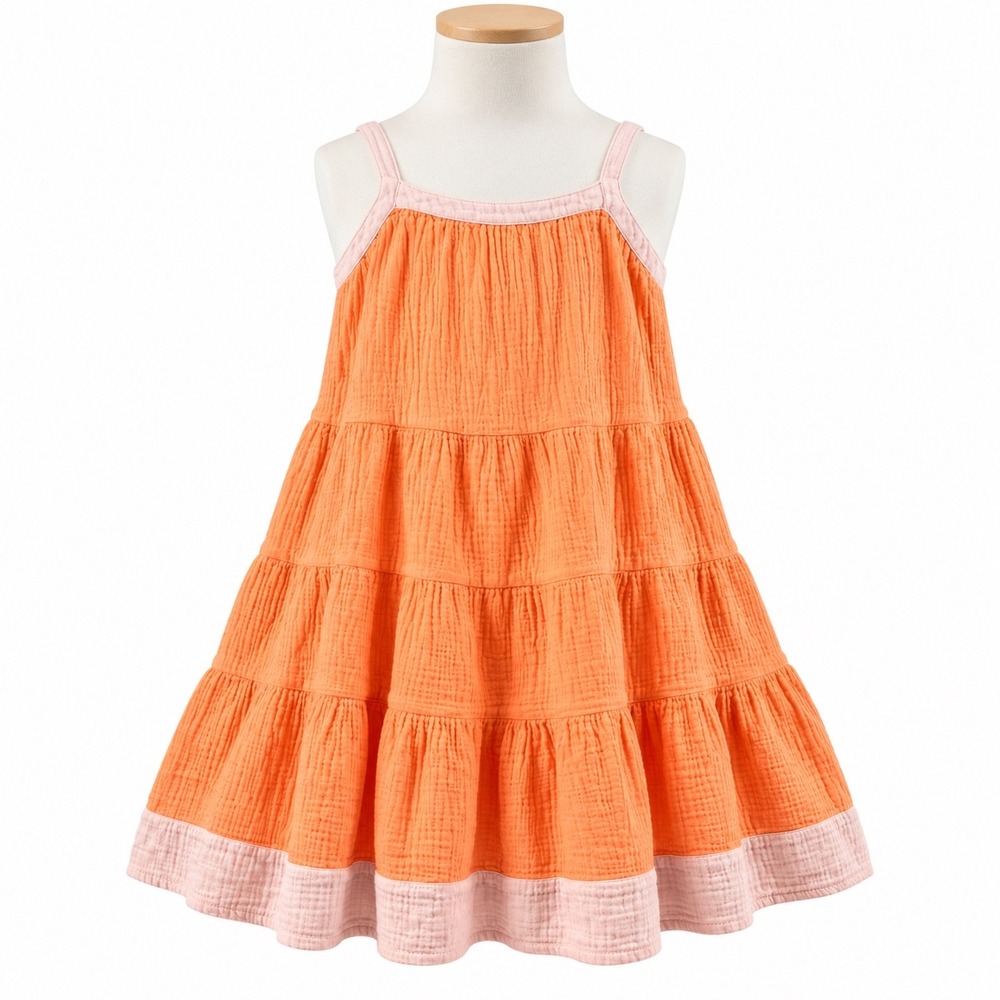 Zara Girls 8 Orange Pink Cotton Gauze Tiered Sundress Boho Cottagecore
